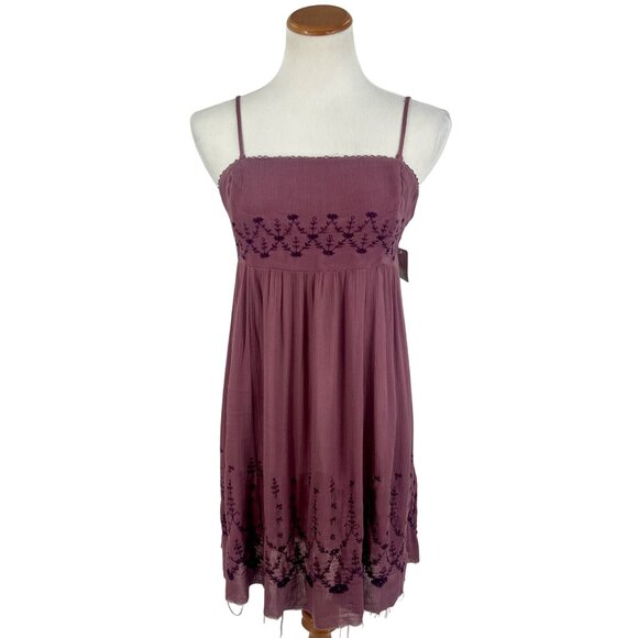 RARE NWT Free People Mauve Crinkly Crepe Embroidered Babydoll Mini Slip Dress - Picture 14 of 16
